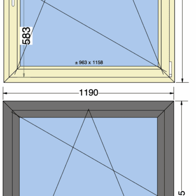 Draaikiep raam | 1190mm breed x 1385mm hoog | 120mm profiel met HVL | Binnen wit houtnerf, buiten Kwarts