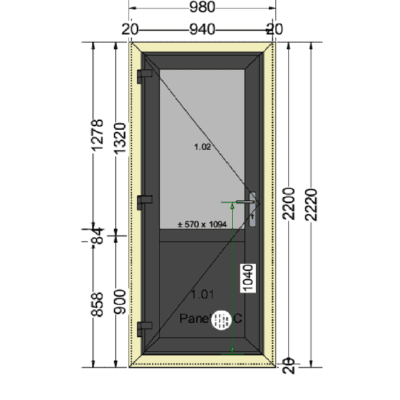 Deur | 980mm breed x 2220mm hoog | 120mm profiel met veiligheidsglas | Buitenzijde wit met antraciet houtnerf
