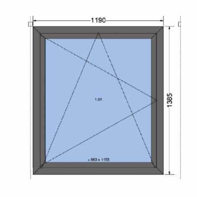 Draaikiep raam | 1190mm breed x 1385mm hoog | 120mm profiel met HVL | Binnen wit houtnerf, buiten Kwarts