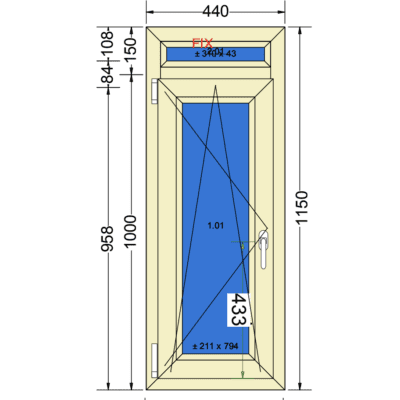 Draaikiep met bovenlicht 440x1150 | 70mm profiel | Wit met houtnerf