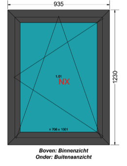 Kunststof Draaikiep Kozijn | 935x1230 | Antraciet buitenzijde en melkglas