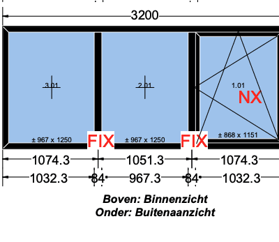 Zwart Kunststof Kozijn - 3-vaks 3200x1380 (nieuw)