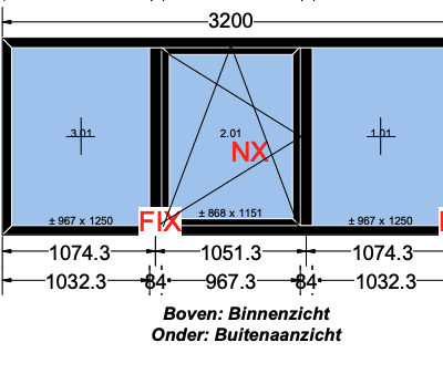 Zwart Kunststof Kozijn - 3-vaks 3200x1380 (nieuw)