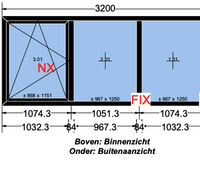 Zwart Kunststof Kozijn - 3-vaks 3200x1380 (nieuw)