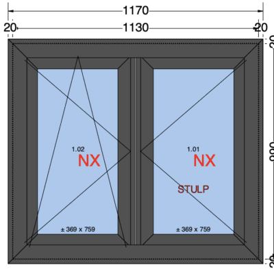 2-vaks Draai-Draaikiep | Antraciet | 120mm met aanslag | 1170x1030