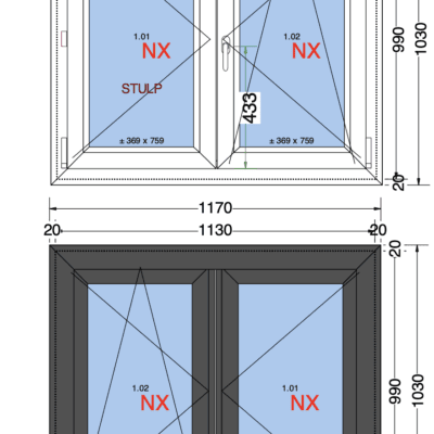 2-vaks Draai-Draaikiep | Antraciet | 120mm met aanslag | 1170x1030
