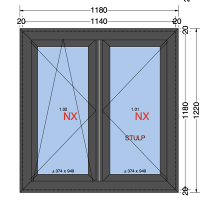 2-vaks Draai-Draaikiep | Antraciet | 120mm met aanslag | 1180x1220
