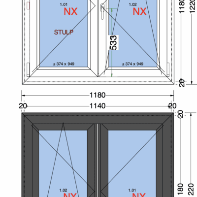 2-vaks Draai-Draaikiep | Antraciet | 120mm met aanslag | 1180x1220